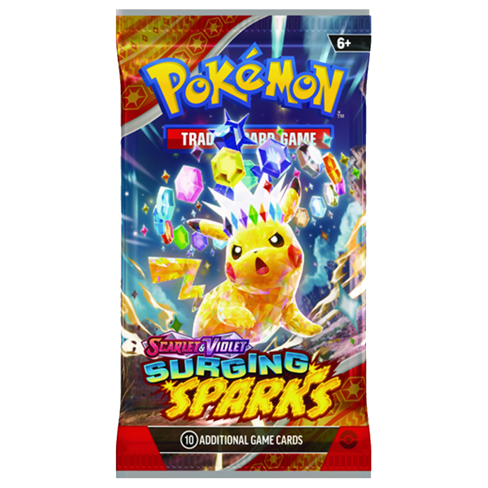 Pokémon Scarlet & Violet Surging Sparks booster pack featuring Stellar Tera Pokémon ex cards and special illustration rares