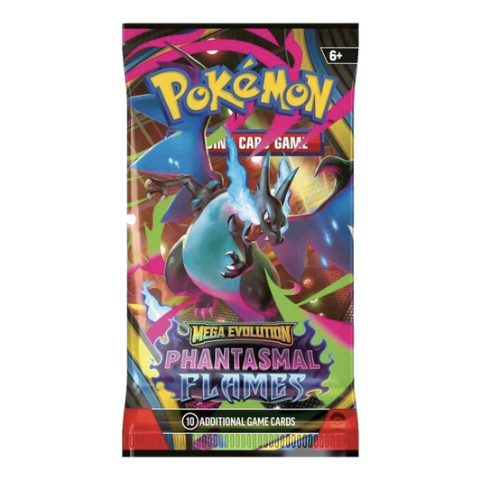 Pokemon Mega Evolutions Phantasmal Flames booster pack featuring Mega Charizard X ex and Mega Gengar ex cards