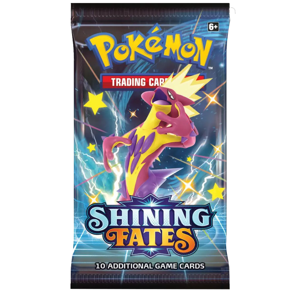 Pokémon TCG Sword & Shield Shining Fates booster pack featuring Shiny Vault cards and Shiny Charizard VMAX