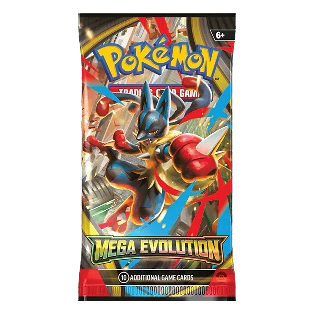 Pokémon Mega Evolutions booster pack featuring Mega Lucario ex, Mega Gardevoir ex, and Mega Venusaur ex cards