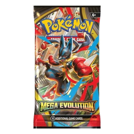 Pokémon Mega Evolutions booster pack featuring Mega Lucario ex, Mega Gardevoir ex, and Mega Venusaur ex cards
