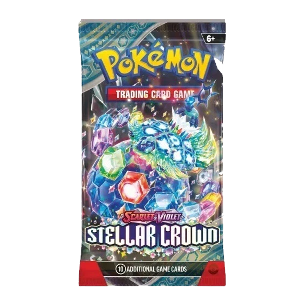 Pokémon Scarlet & Violet Stellar Crown Booster Pack featuring rare and holographic cards from the Paldea region