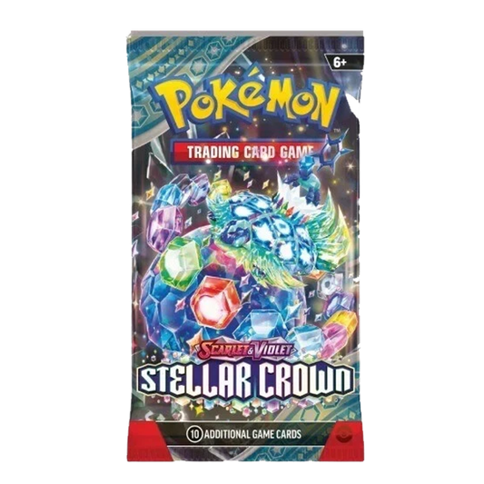 Pokémon Scarlet & Violet Stellar Crown Booster Pack featuring rare and holographic cards from the Paldea region