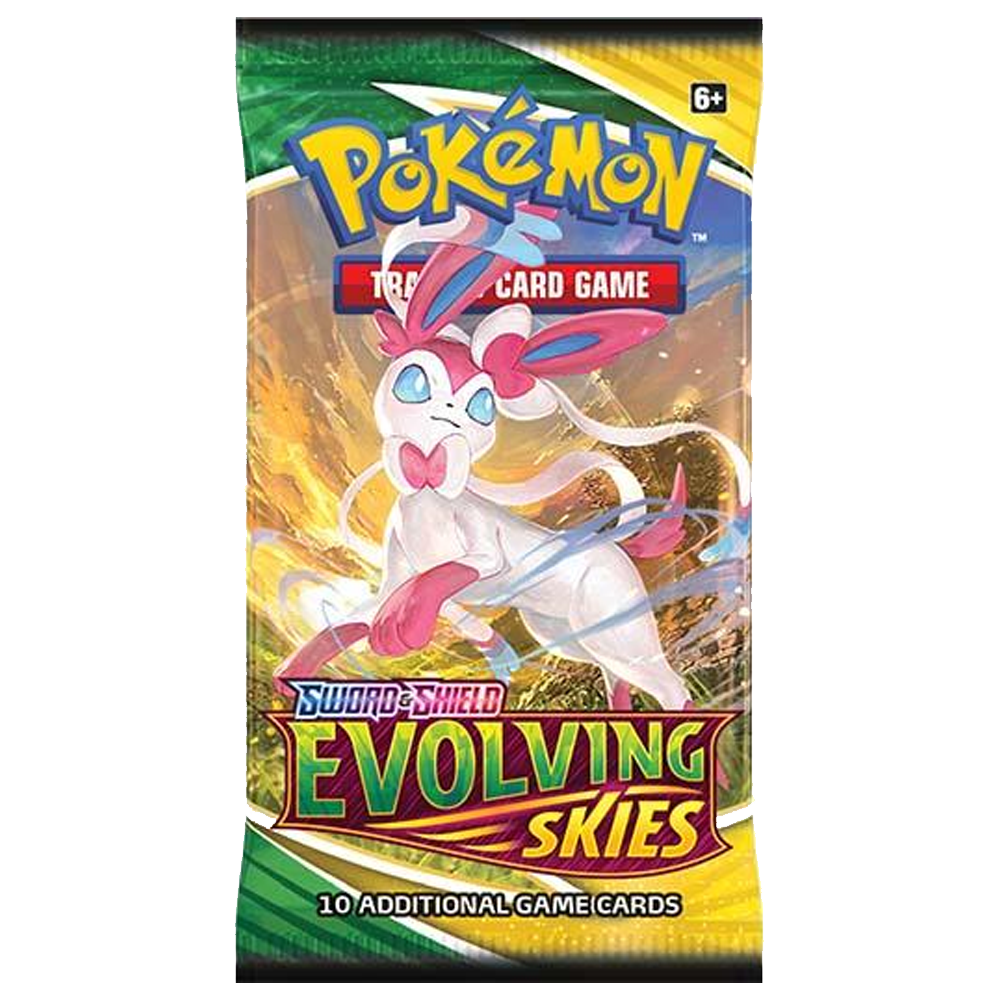 Pokémon TCG Sword & Shield Evolving Skies booster pack featuring Dragon-type and Eevee Evolutions cards